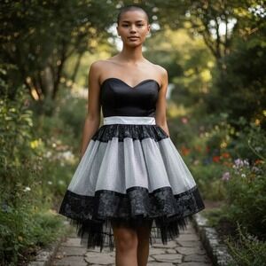 Jessica McClintock Gunne Sax Black Silver Lace Tulle Cocktail Dress 7 33469